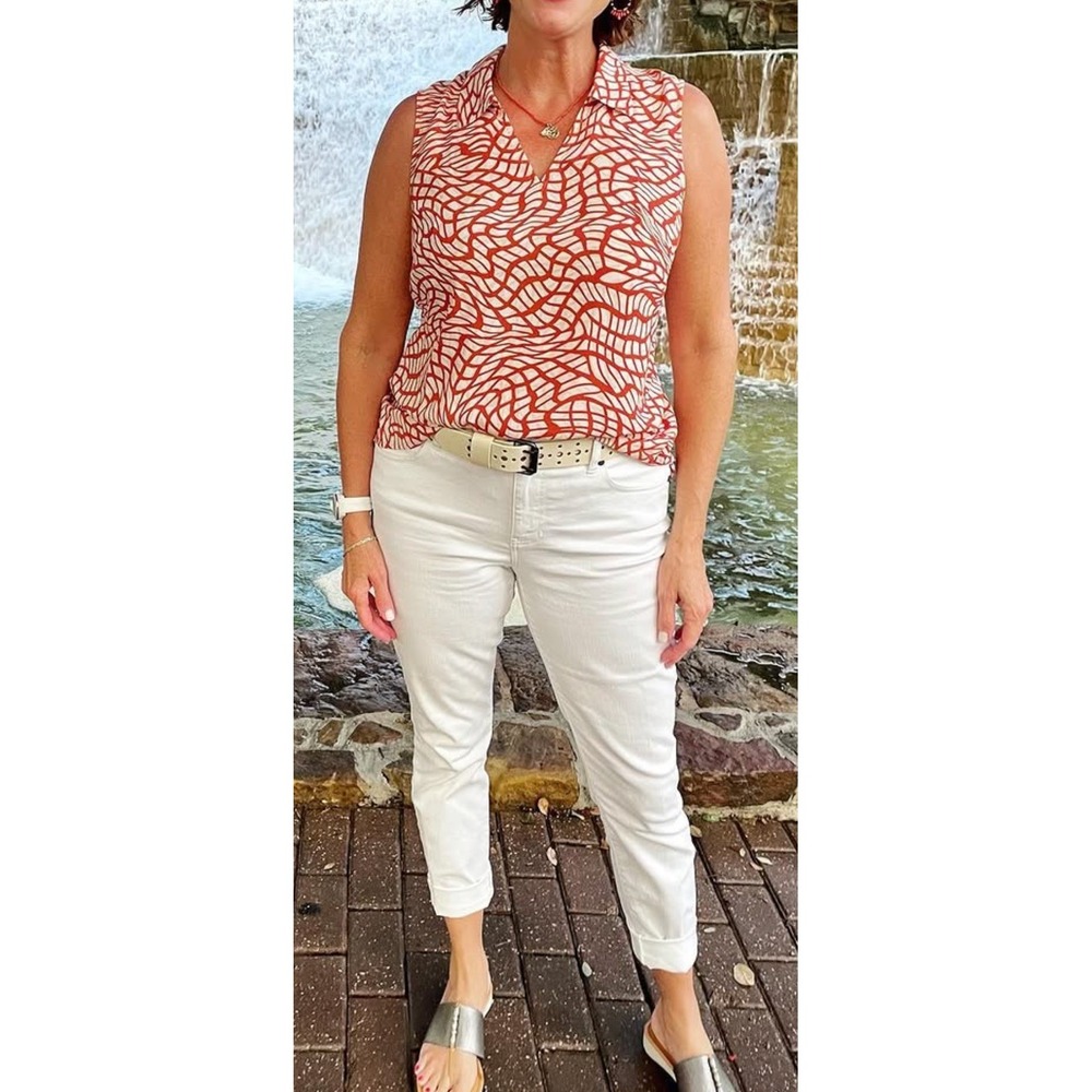 Cabi TWIRL TOP 4183 Size M Red Rust Orange Ivory Sleeveless Shirt - Picture 5 of 10